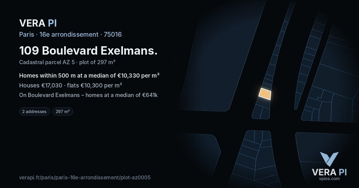 109 Boulevard Exelmans, 16e arrondissement at night – the plot lit, the parcels around coloured by the prices near them