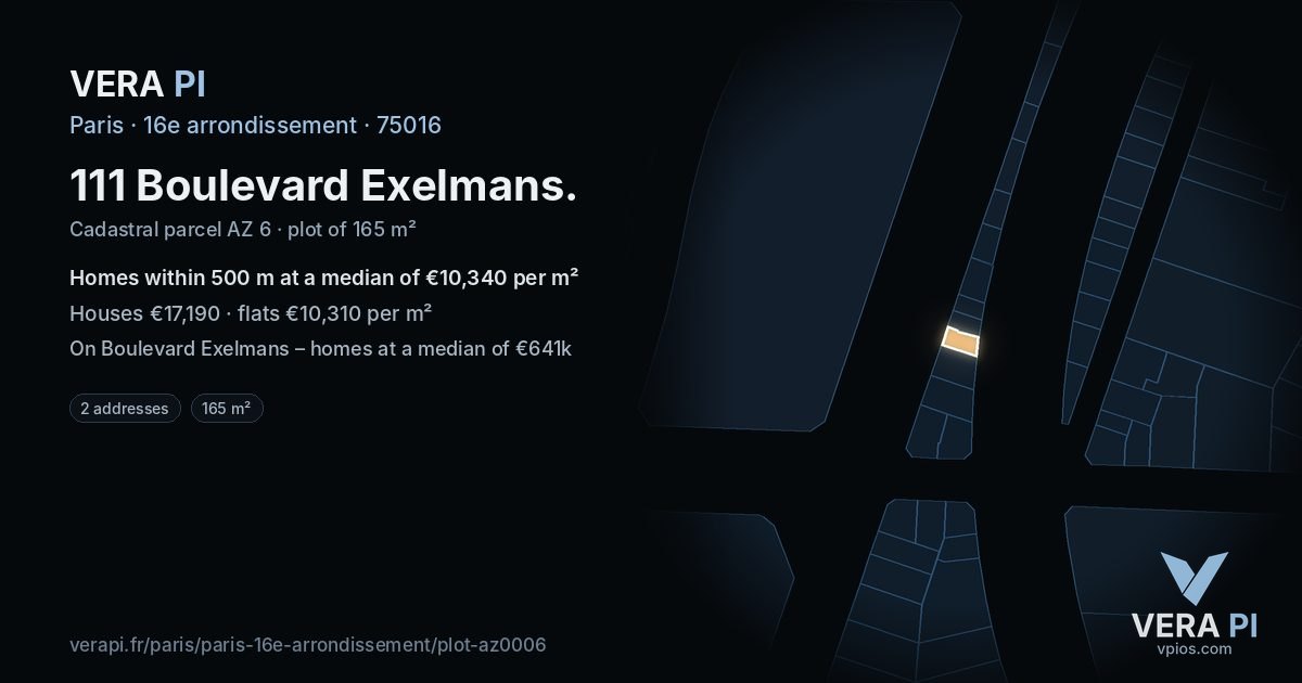 111 Boulevard Exelmans, 16e arrondissement at night – the plot lit, the parcels around coloured by the prices near them