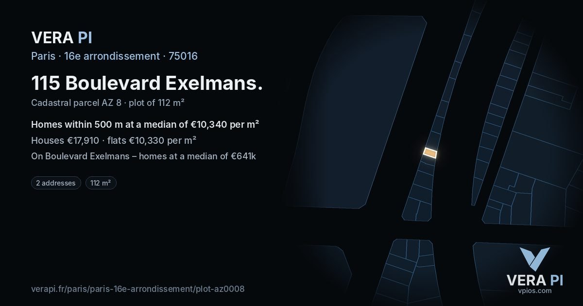 115 Boulevard Exelmans, 16e arrondissement at night – the plot lit, the parcels around coloured by the prices near them