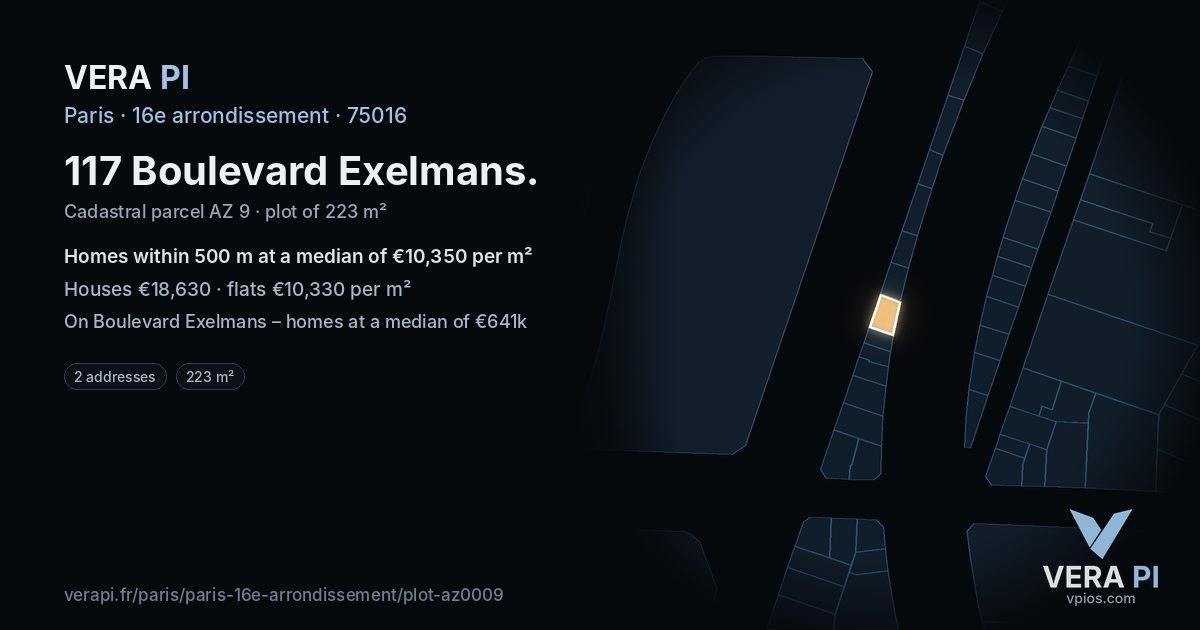 117 Boulevard Exelmans, 16e arrondissement at night – the plot lit, the parcels around coloured by the prices near them