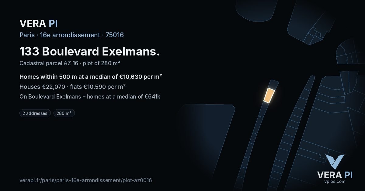 133 Boulevard Exelmans, 16e arrondissement at night – the plot lit, the parcels around coloured by the prices near them
