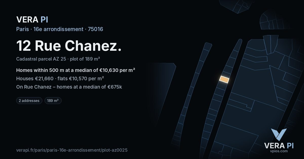 12 Rue Chanez, 16e arrondissement at night – the plot lit, the parcels around coloured by the prices near them