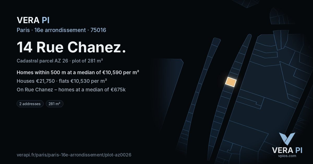 14 Rue Chanez, 16e arrondissement at night – the plot lit, the parcels around coloured by the prices near them