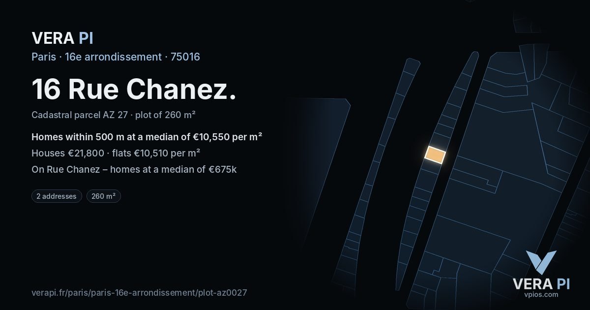 16 Rue Chanez, 16e arrondissement at night – the plot lit, the parcels around coloured by the prices near them