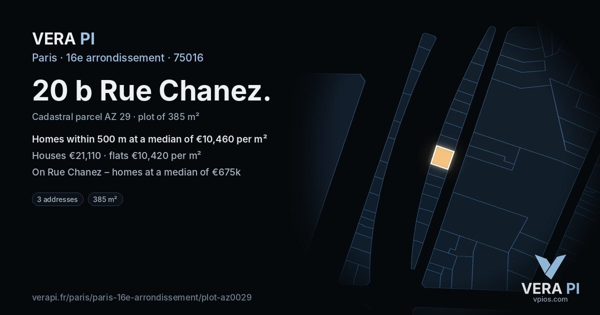 20 b Rue Chanez, 16e arrondissement at night – the plot lit, the parcels around coloured by the prices near them