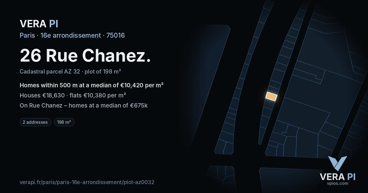 26 Rue Chanez, 16e arrondissement at night – the plot lit, the parcels around coloured by the prices near them