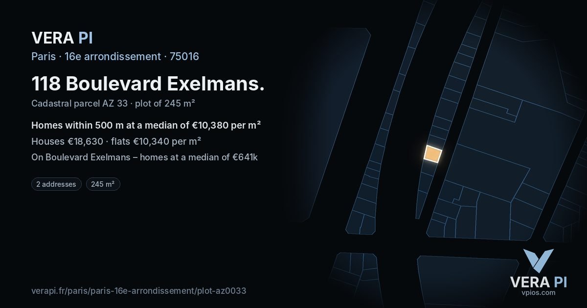 118 Boulevard Exelmans, 16e arrondissement at night – the plot lit, the parcels around coloured by the prices near them