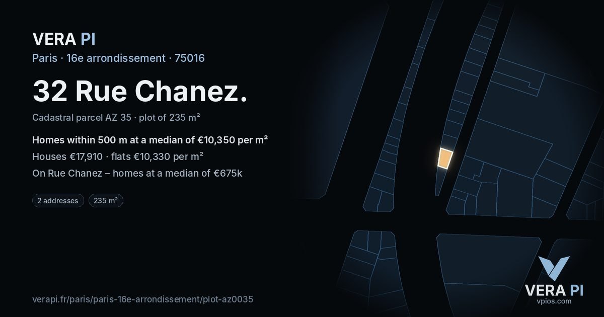 32 Rue Chanez, 16e arrondissement at night – the plot lit, the parcels around coloured by the prices near them