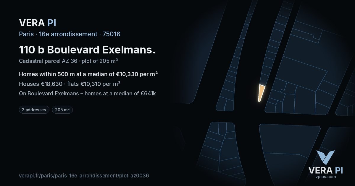 110 b Boulevard Exelmans, 16e arrondissement at night – the plot lit, the parcels around coloured by the prices near them