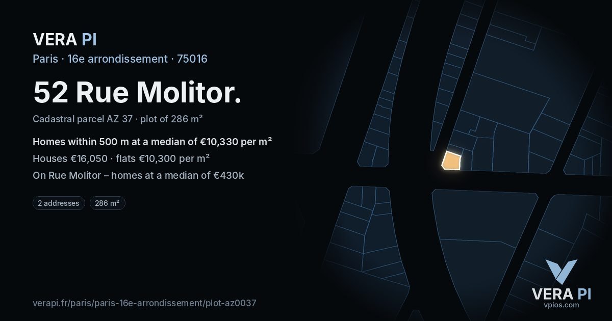 52 Rue Molitor, 16e arrondissement at night – the plot lit, the parcels around coloured by the prices near them
