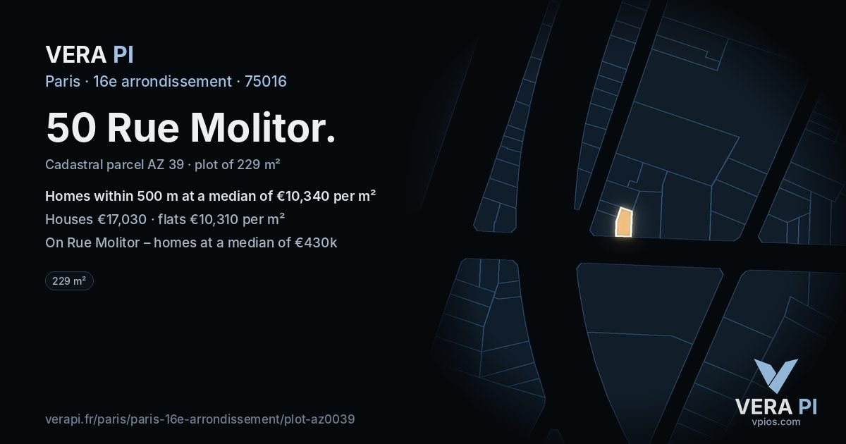 50 Rue Molitor, 16e arrondissement at night – the plot lit, the parcels around coloured by the prices near them