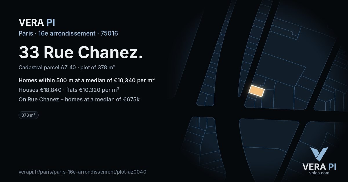 33 Rue Chanez, 16e arrondissement at night – the plot lit, the parcels around coloured by the prices near them