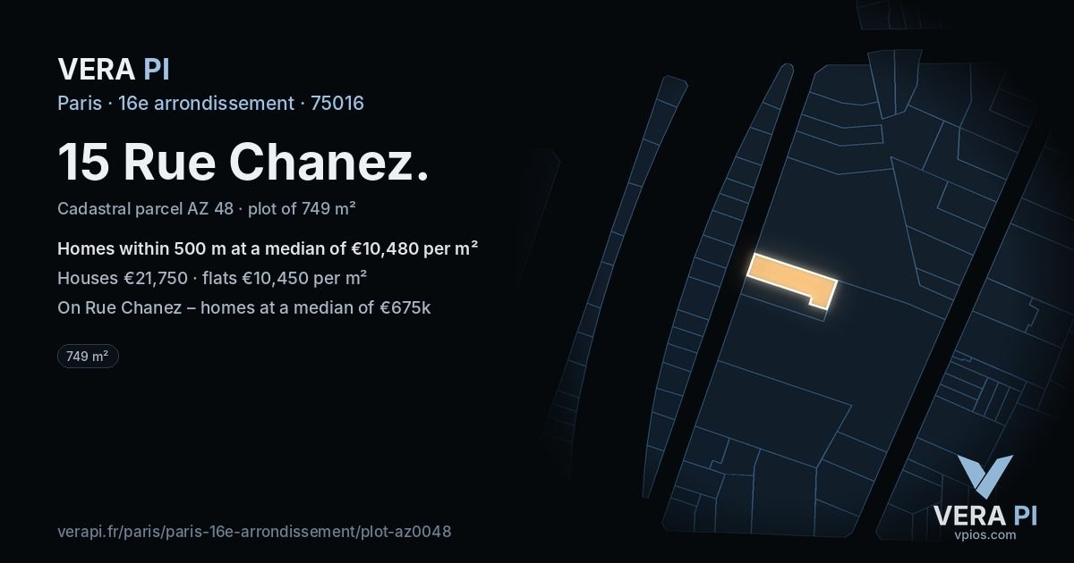 15 Rue Chanez, 16e arrondissement at night – the plot lit, the parcels around coloured by the prices near them