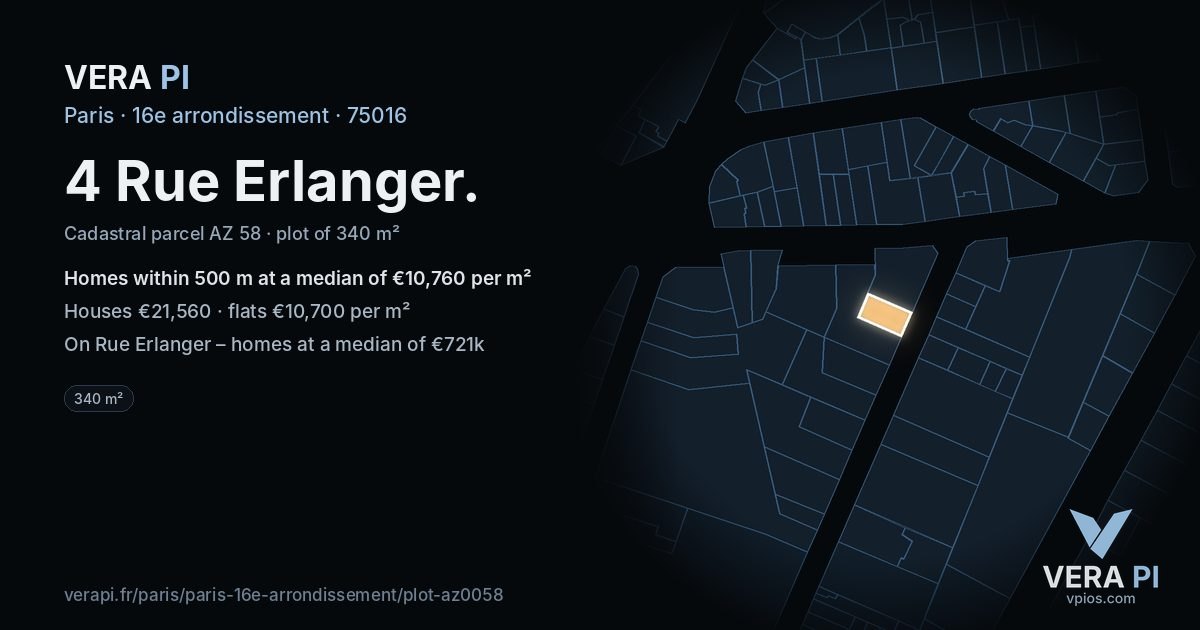 4 Rue Erlanger, 16e arrondissement at night – the plot lit, the parcels around coloured by the prices near them