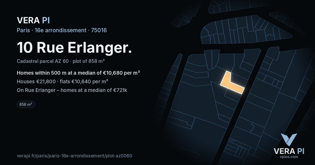 10 Rue Erlanger, 16e arrondissement at night – the plot lit, the parcels around coloured by the prices near them