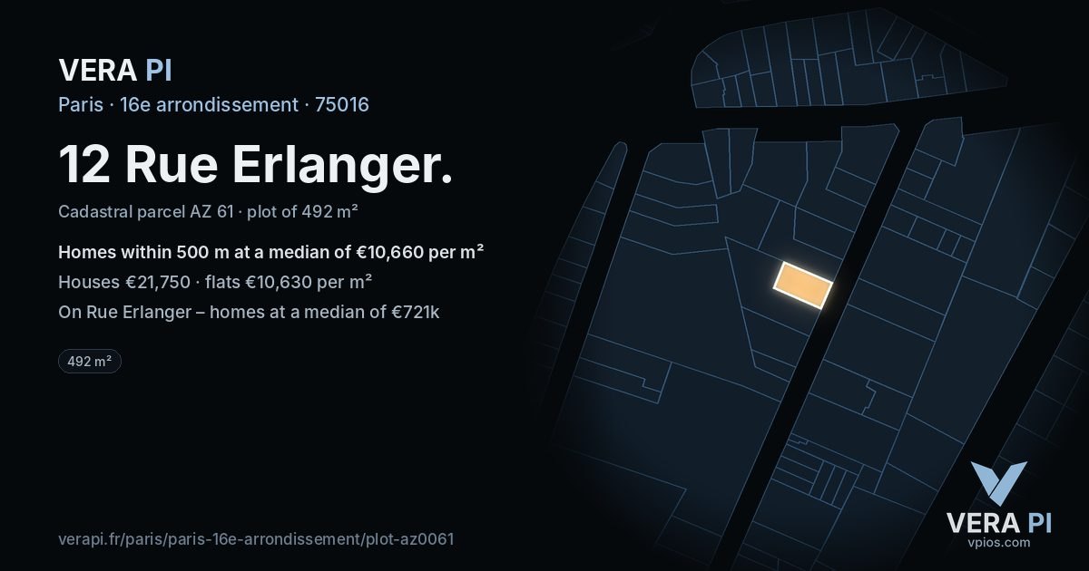 12 Rue Erlanger, 16e arrondissement at night – the plot lit, the parcels around coloured by the prices near them
