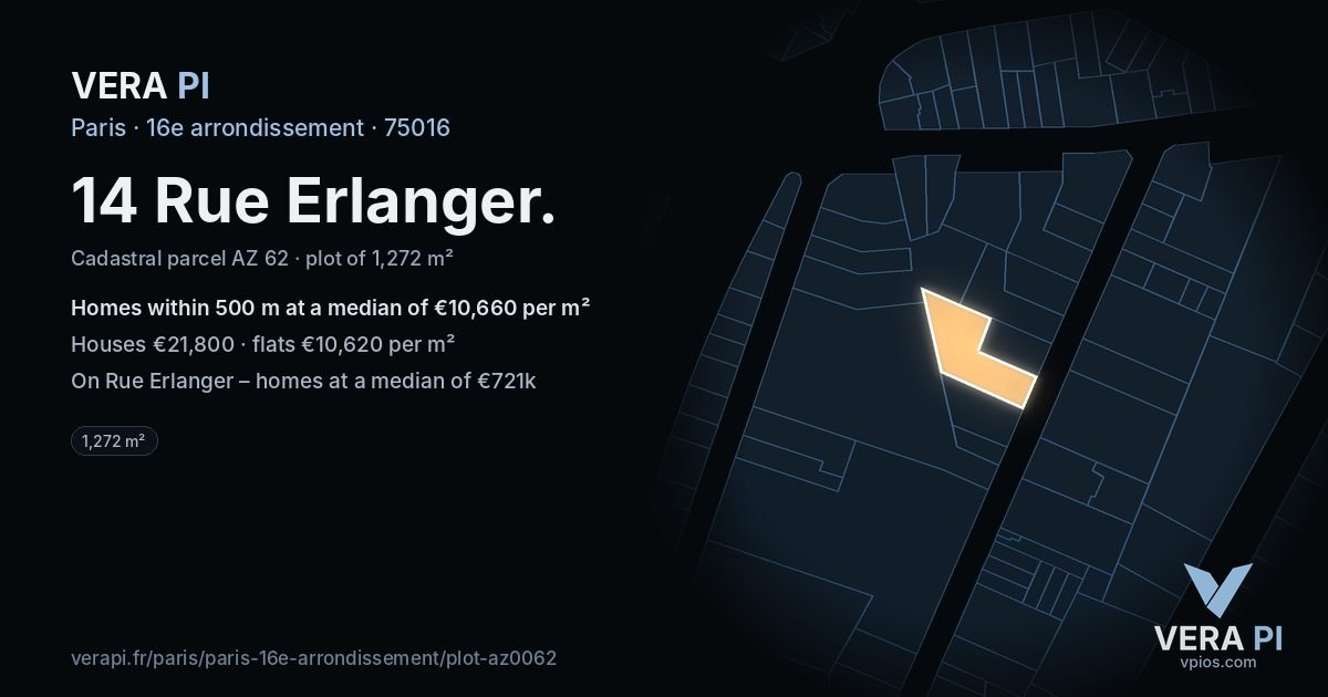 14 Rue Erlanger, 16e arrondissement at night – the plot lit, the parcels around coloured by the prices near them