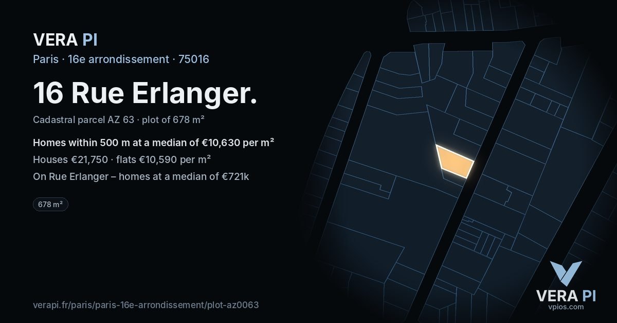 16 Rue Erlanger, 16e arrondissement at night – the plot lit, the parcels around coloured by the prices near them