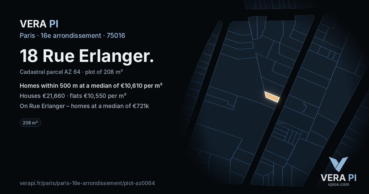 18 Rue Erlanger, 16e arrondissement at night – the plot lit, the parcels around coloured by the prices near them
