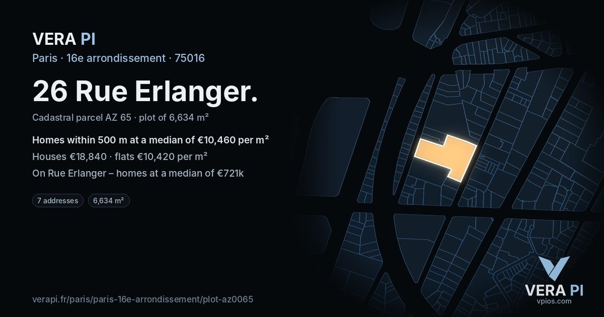 26 Rue Erlanger, 16e arrondissement at night – the plot lit, the parcels around coloured by the prices near them
