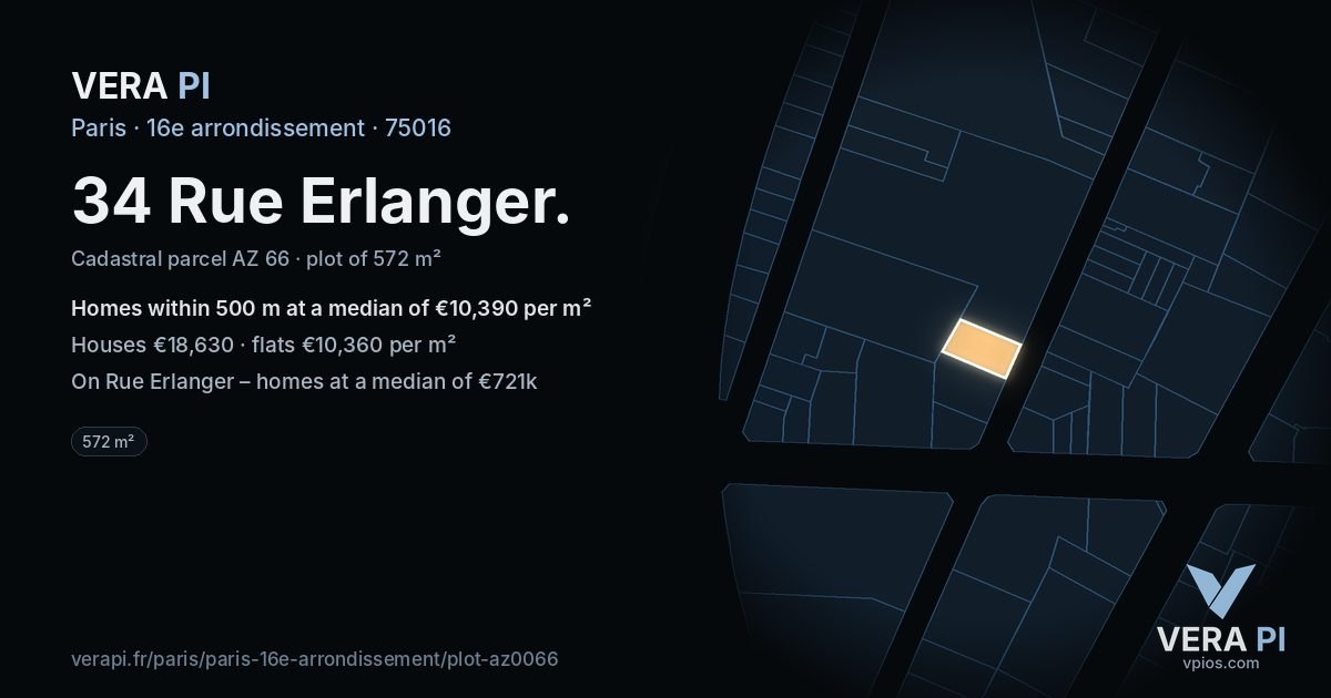 34 Rue Erlanger, 16e arrondissement at night – the plot lit, the parcels around coloured by the prices near them