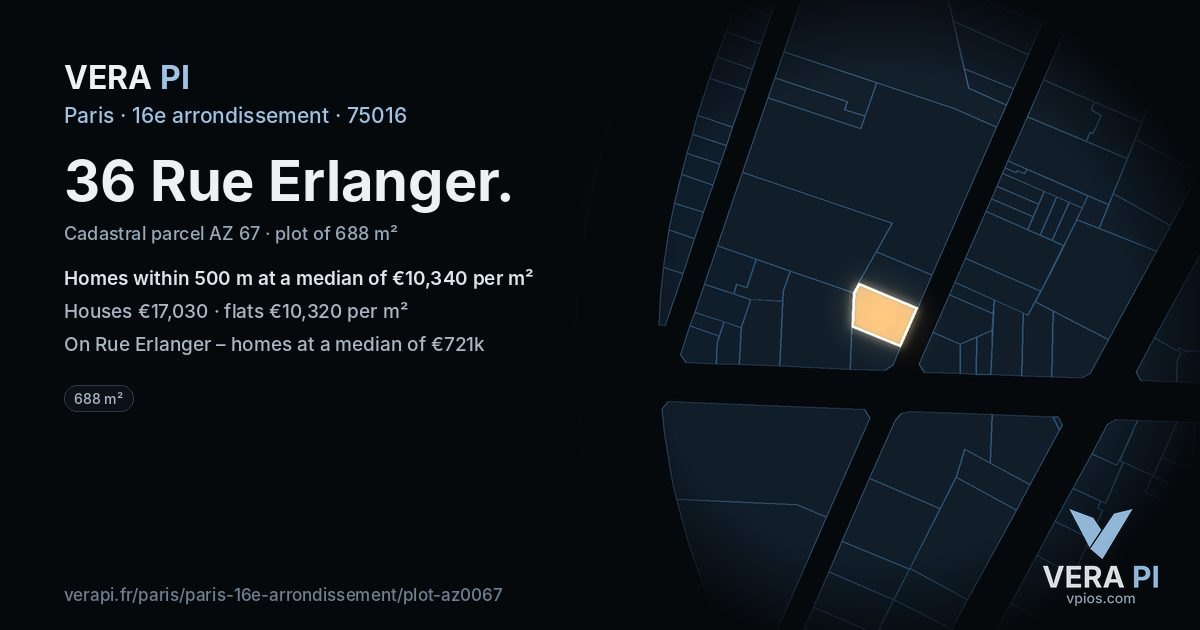 36 Rue Erlanger, 16e arrondissement at night – the plot lit, the parcels around coloured by the prices near them