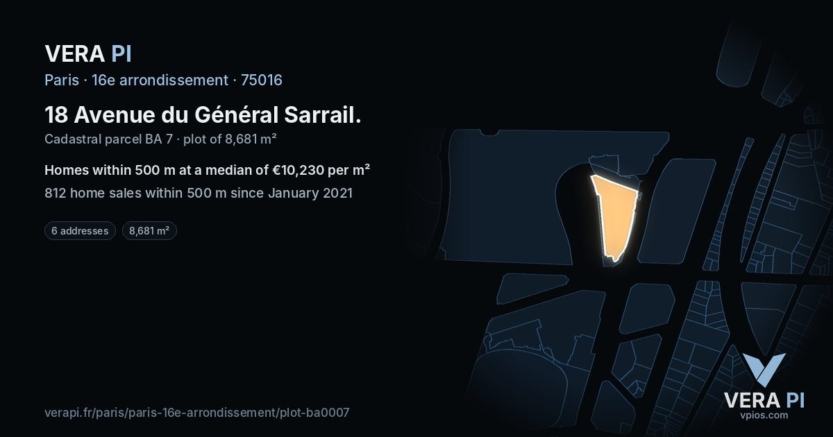 18 Avenue du Général Sarrail, 16e arrondissement at night – the plot lit, the parcels around coloured by the prices near them