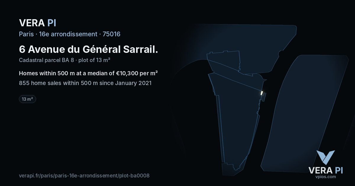 6 Avenue du Général Sarrail, 16e arrondissement at night – the plot lit, the parcels around coloured by the prices near them
