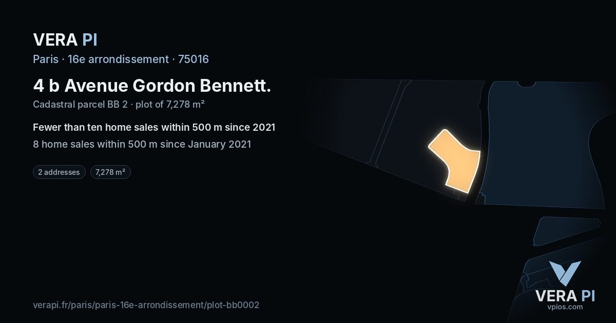 4 b Avenue Gordon Bennett, 16e arrondissement at night – the plot lit, the parcels around coloured by the prices near them