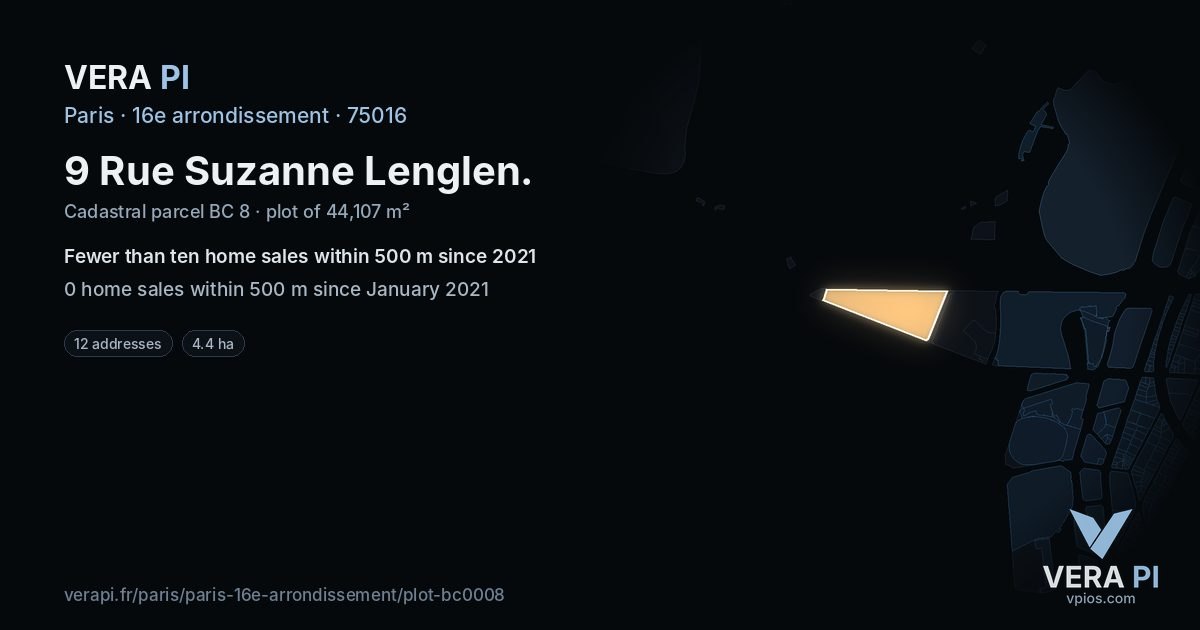 9 Rue Suzanne Lenglen, 16e arrondissement at night – the plot lit, the parcels around coloured by the prices near them