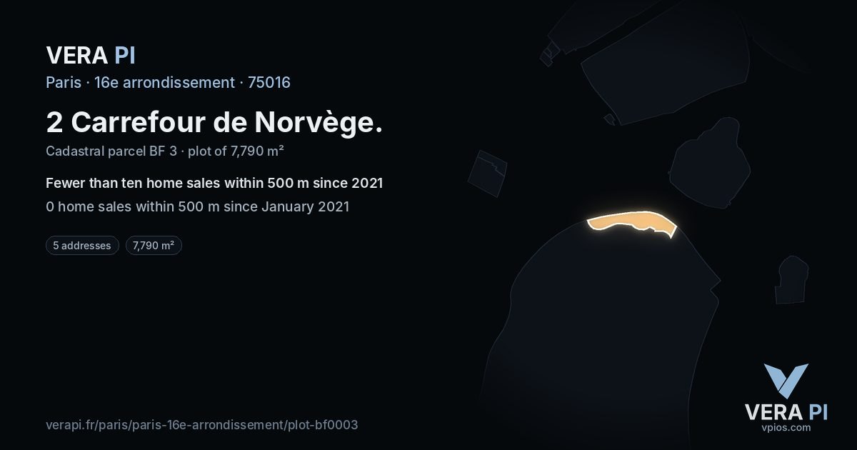 2 Carrefour de Norvège, 16e arrondissement at night – the plot lit, the parcels around coloured by the prices near them