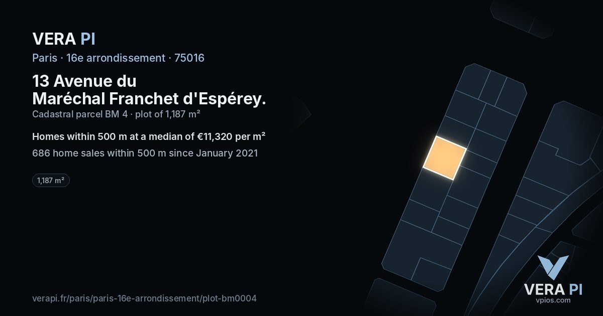 13 Avenue du Maréchal Franchet d'Espérey, 16e arrondissement at night – the plot lit, the parcels around coloured by the prices near them