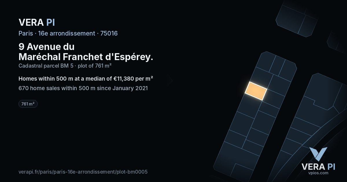 9 Avenue du Maréchal Franchet d'Espérey, 16e arrondissement at night – the plot lit, the parcels around coloured by the prices near them