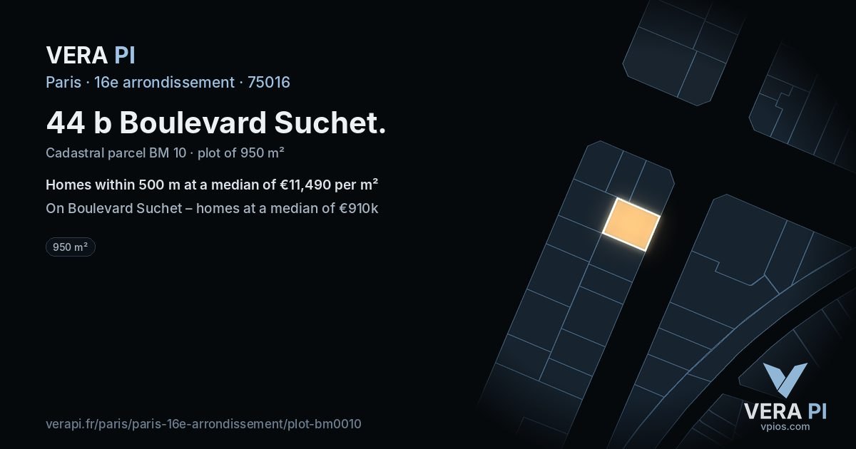 44 b Boulevard Suchet, 16e arrondissement at night – the plot lit, the parcels around coloured by the prices near them