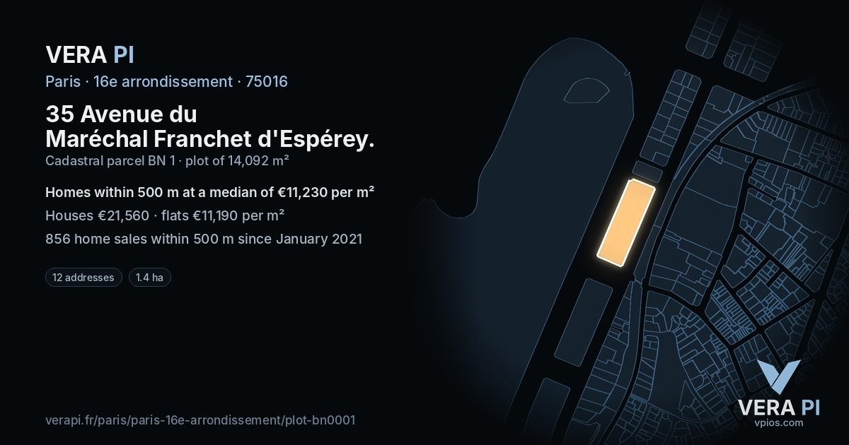 35 Avenue du Maréchal Franchet d'Espérey, 16e arrondissement at night – the plot lit, the parcels around coloured by the prices near them