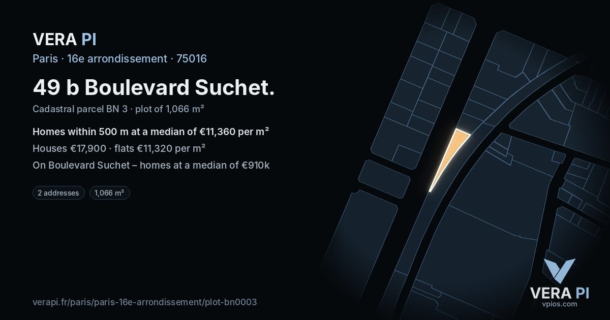 49 b Boulevard Suchet, 16e arrondissement at night – the plot lit, the parcels around coloured by the prices near them