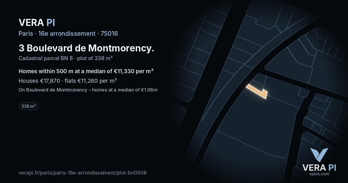 3 Boulevard de Montmorency, 16e arrondissement at night – the plot lit, the parcels around coloured by the prices near them