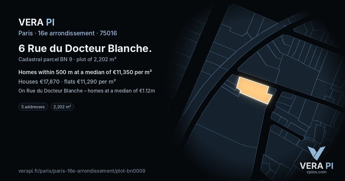 6 Rue du Docteur Blanche, 16e arrondissement at night – the plot lit, the parcels around coloured by the prices near them