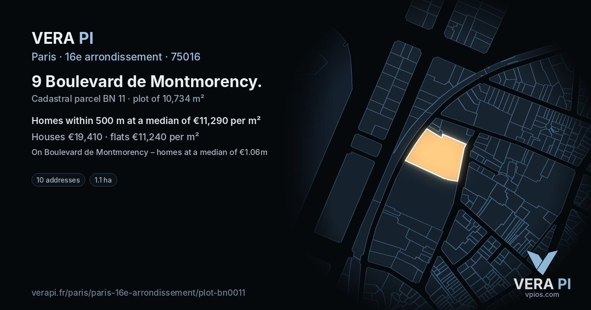 9 Boulevard de Montmorency, 16e arrondissement at night – the plot lit, the parcels around coloured by the prices near them