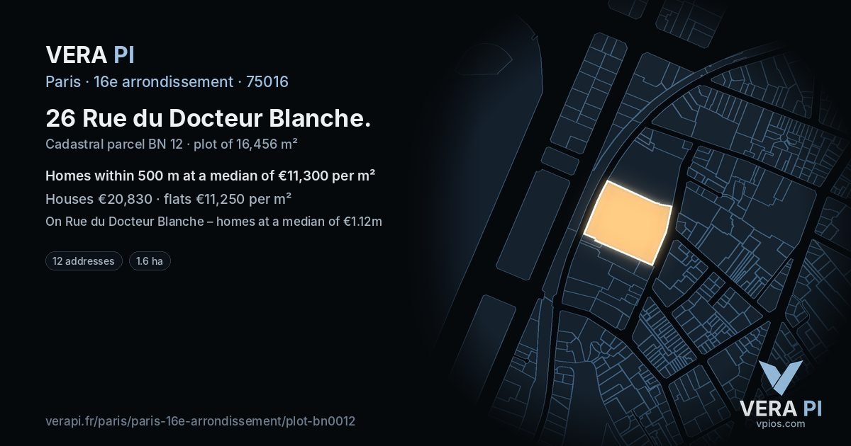 26 Rue du Docteur Blanche, 16e arrondissement at night – the plot lit, the parcels around coloured by the prices near them