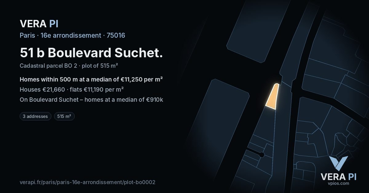 51 b Boulevard Suchet, 16e arrondissement at night – the plot lit, the parcels around coloured by the prices near them