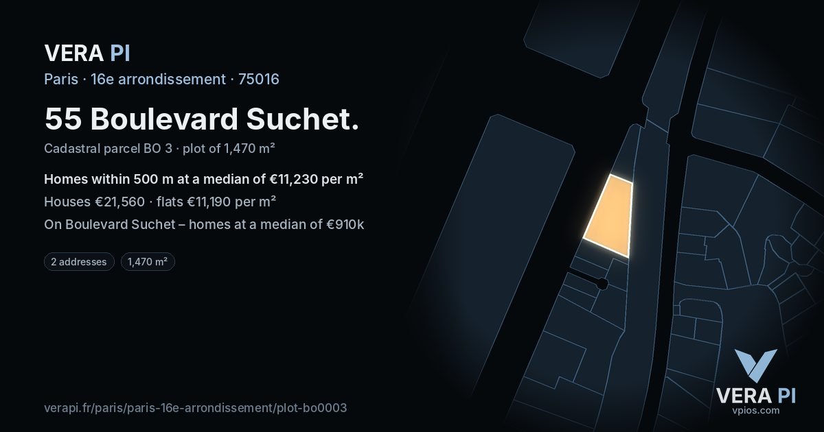 55 Boulevard Suchet, 16e arrondissement at night – the plot lit, the parcels around coloured by the prices near them