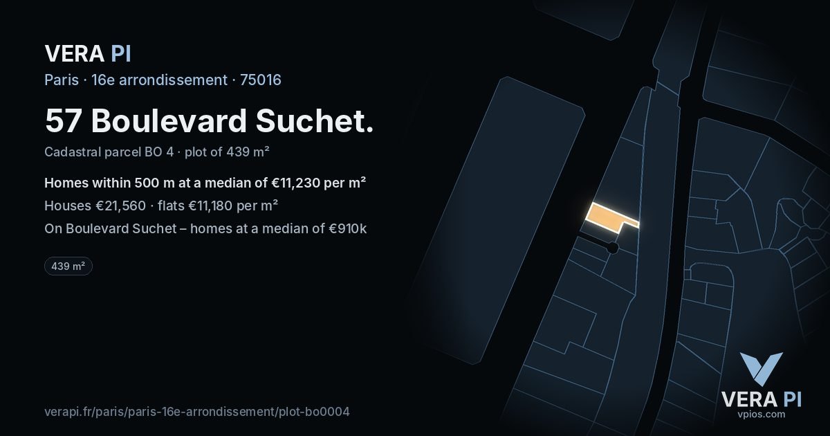 57 Boulevard Suchet, 16e arrondissement at night – the plot lit, the parcels around coloured by the prices near them