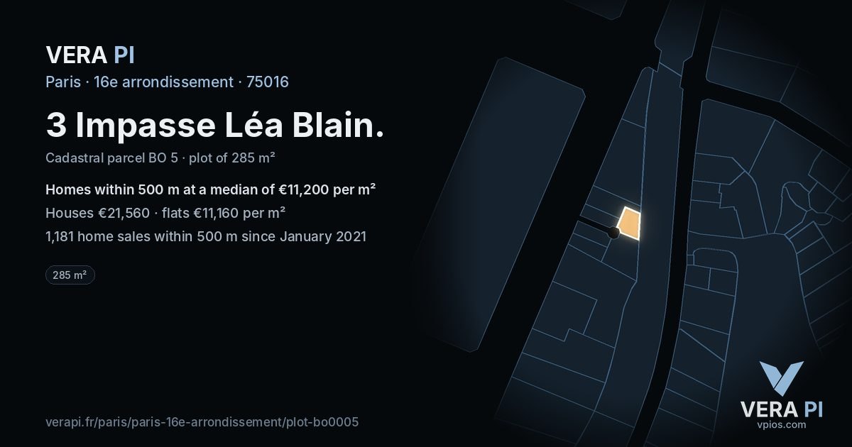 3 Impasse Léa Blain, 16e arrondissement at night – the plot lit, the parcels around coloured by the prices near them