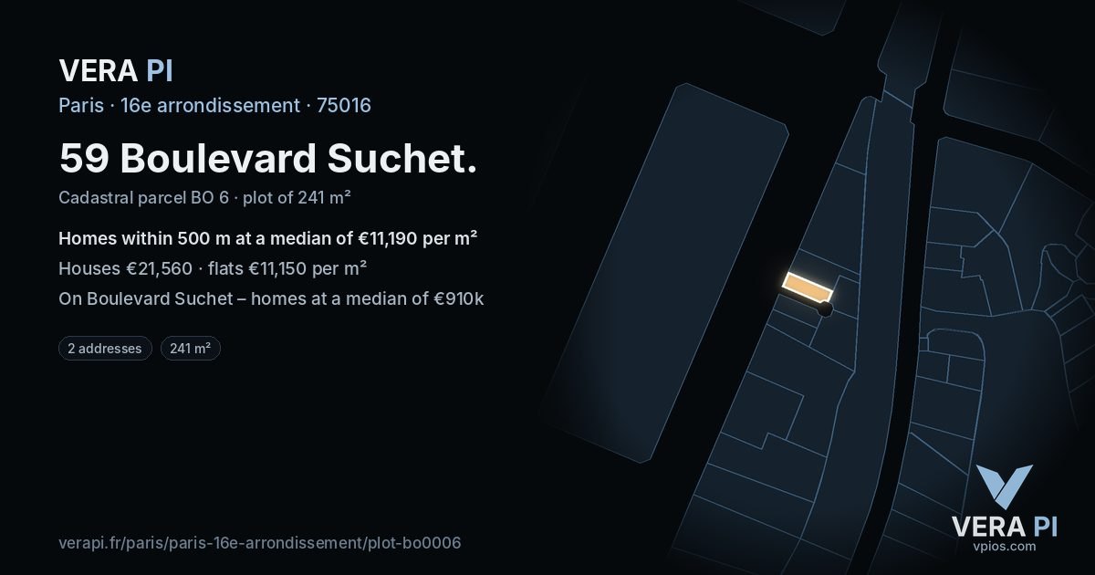 59 Boulevard Suchet, 16e arrondissement at night – the plot lit, the parcels around coloured by the prices near them
