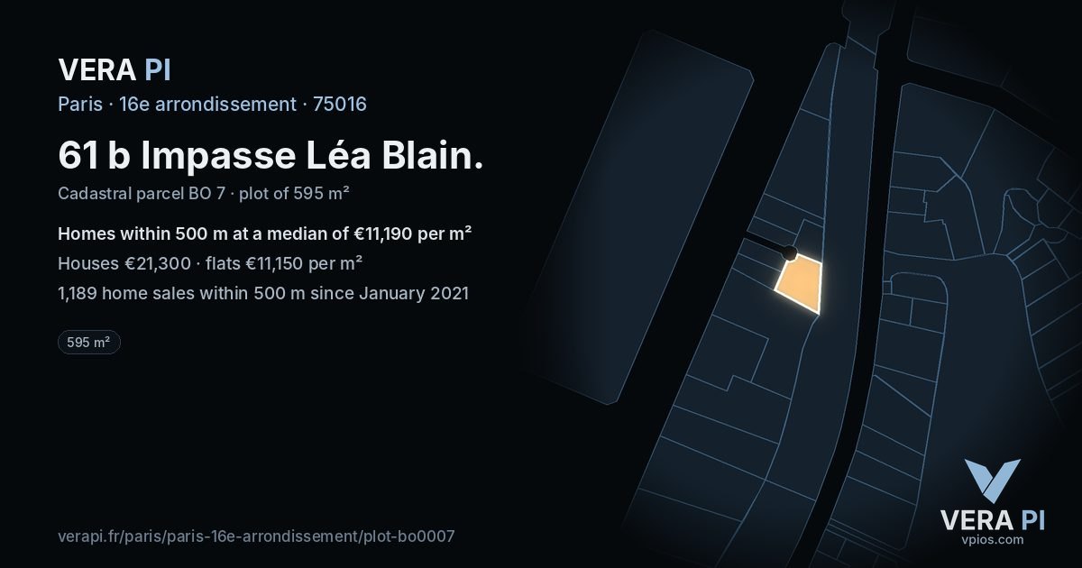 61 b Impasse Léa Blain, 16e arrondissement at night – the plot lit, the parcels around coloured by the prices near them