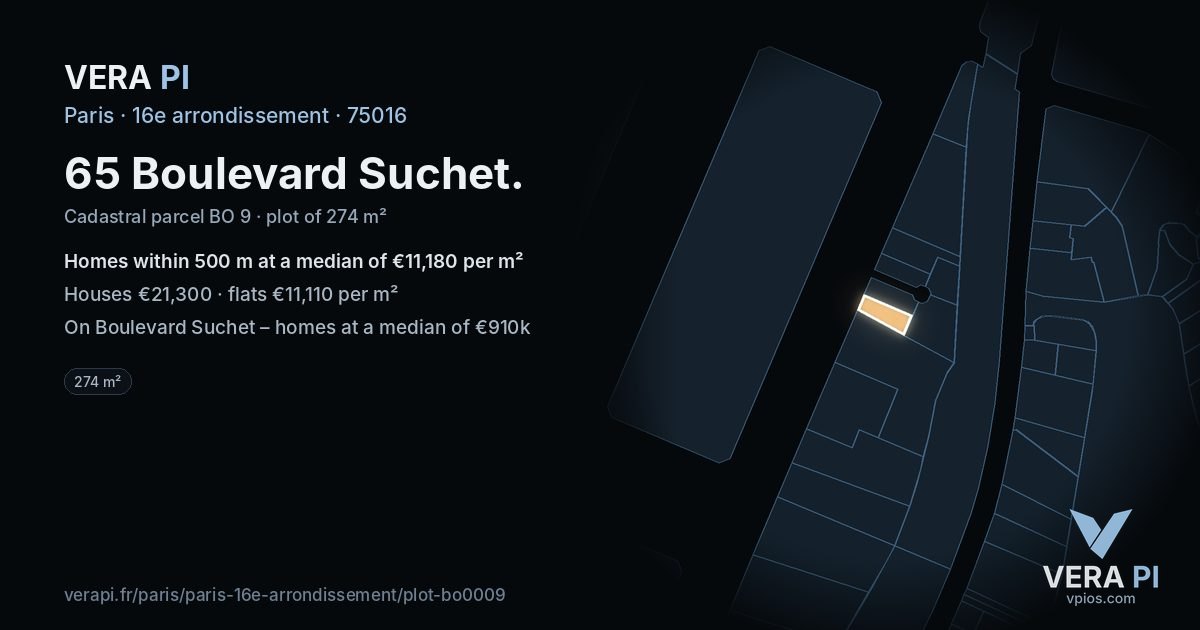 65 Boulevard Suchet, 16e arrondissement at night – the plot lit, the parcels around coloured by the prices near them