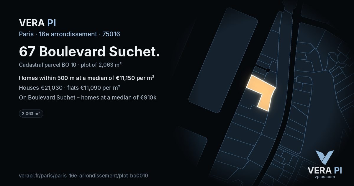 67 Boulevard Suchet, 16e arrondissement at night – the plot lit, the parcels around coloured by the prices near them