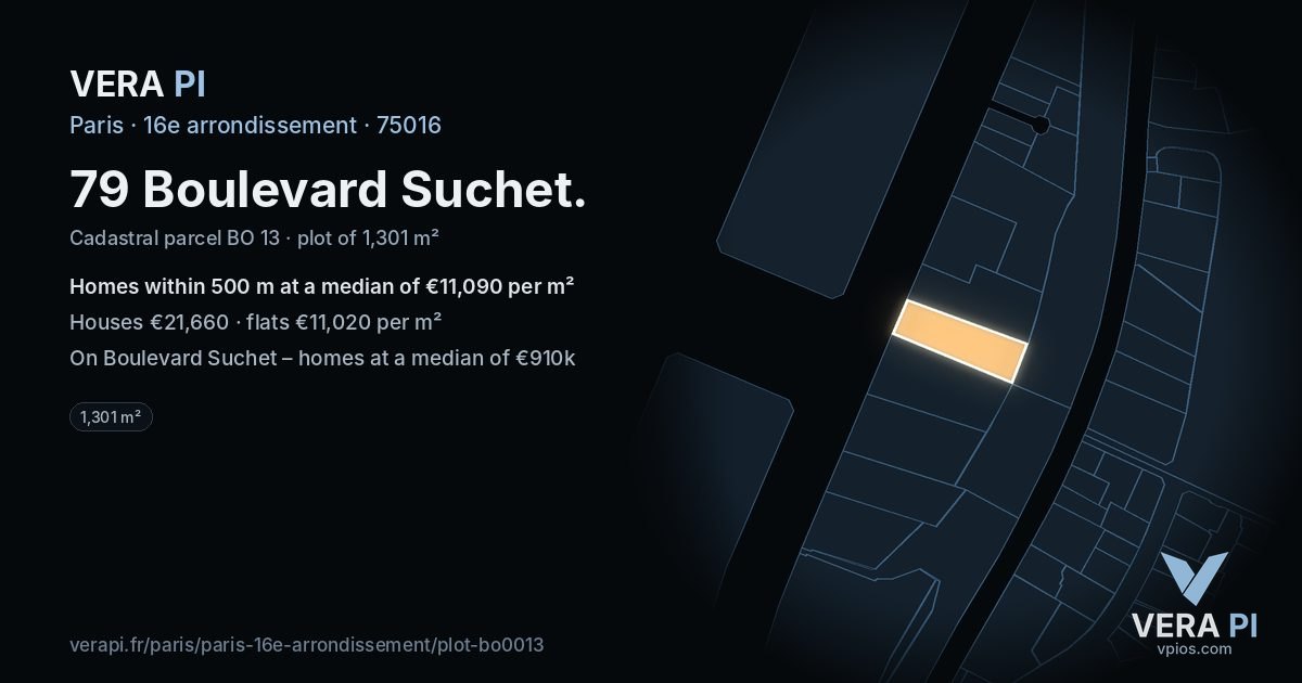79 Boulevard Suchet, 16e arrondissement at night – the plot lit, the parcels around coloured by the prices near them