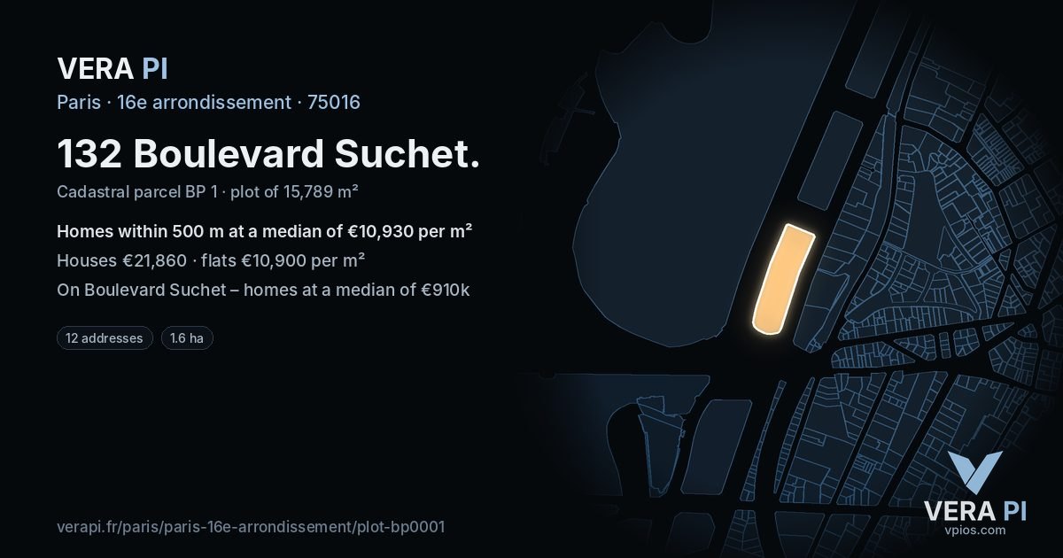 132 Boulevard Suchet, 16e arrondissement at night – the plot lit, the parcels around coloured by the prices near them